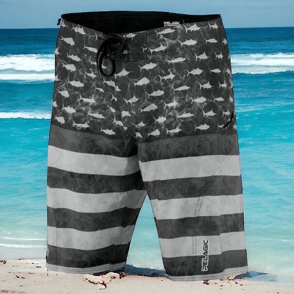 Pelagic Fishing Gray Flag Board Wake Surf Shorts Shark Skin Tech Mens 36 NEW